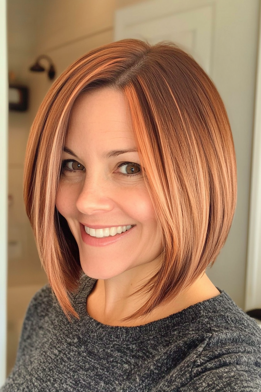 15. Classic Medium Bob with Copper Highlights (Medium Length Hairstyles For Women Over 40) - Medium Length Hairstyles For Women Over 40