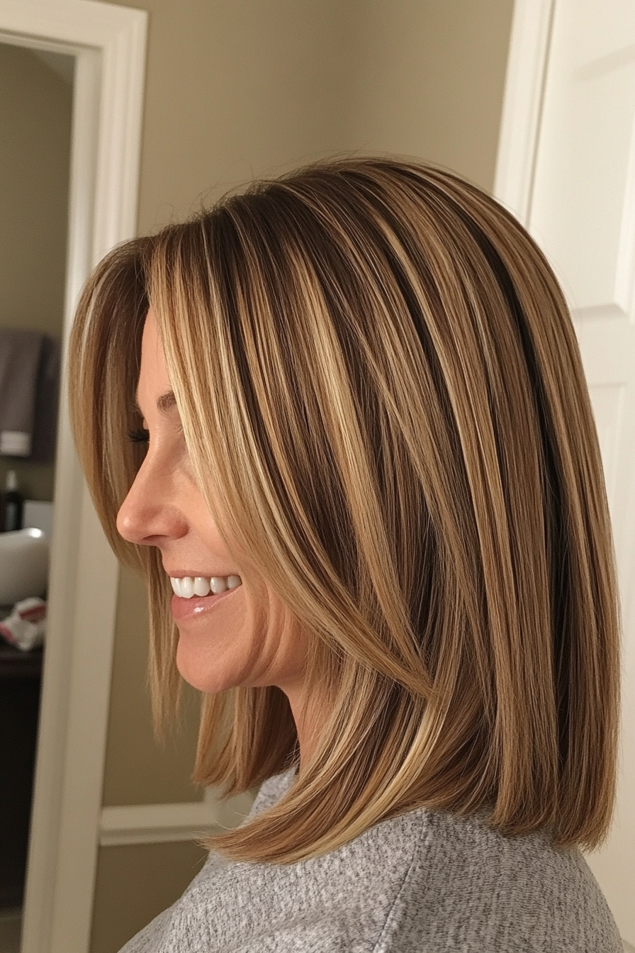 17. Sleek Long Bob with Soft Caramel Highlights (Medium Length Hairstyles For Women Over 40) - Medium Length Hairstyles For Women Over 40