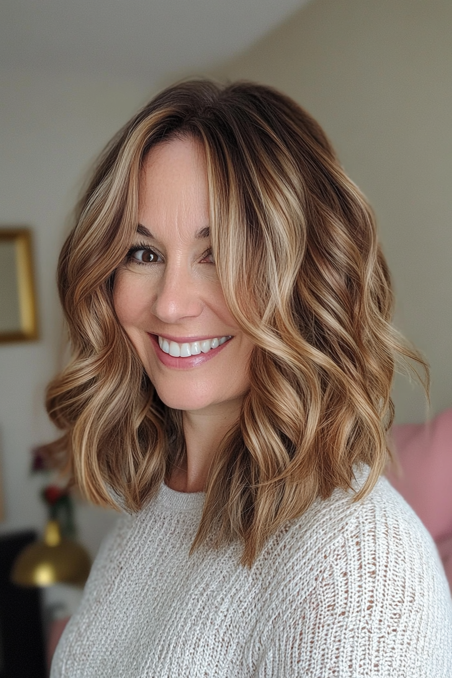 18. Wavy Medium Cut with Golden Brown Tones (Medium Length Hairstyles For Women Over 40) - Medium Length Hairstyles For Women Over 40
