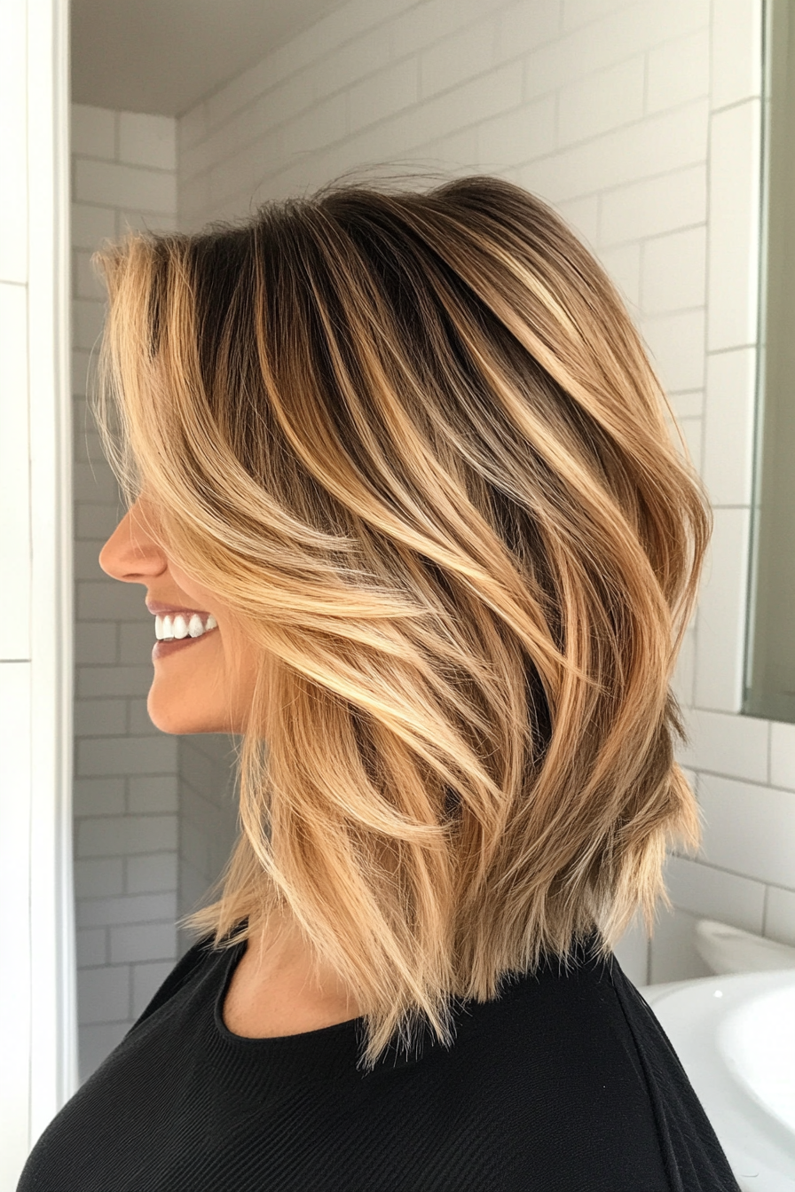 19. Layered Lob with Cool Blonde Balayage (Medium Length Hairstyles For Women Over 40) - Medium Length Hairstyles For Women Over 40