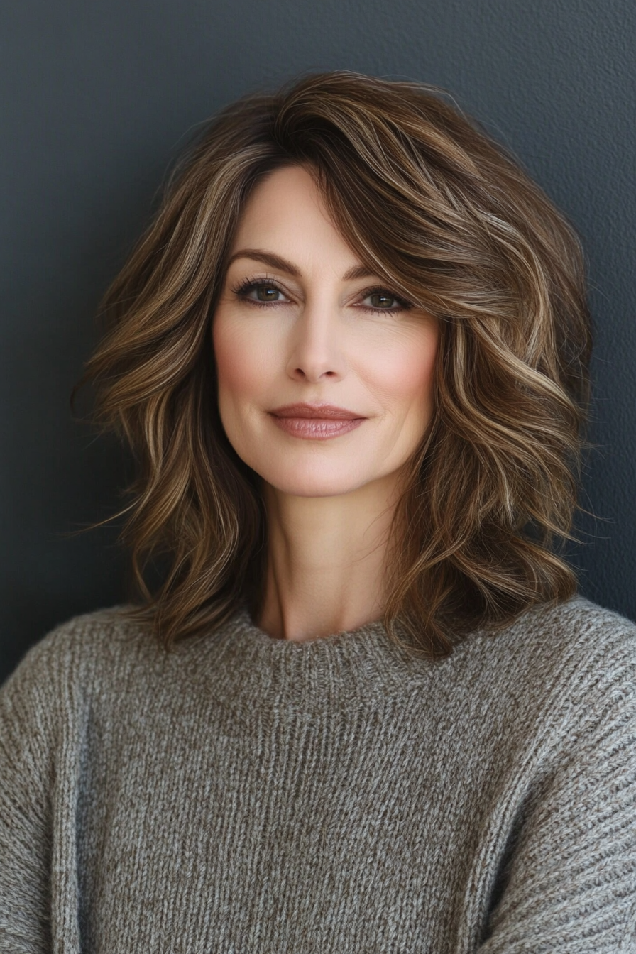 20. Textured Wavy Cut with Ash Brown Base (Medium Length Hairstyles For Women Over 40) - Medium Length Hairstyles For Women Over 40