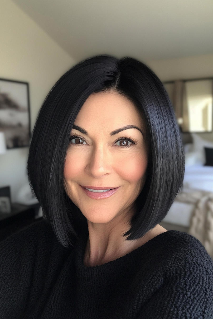 21. Classic Blunt Cut with Natural Black Shine (Medium Length Hairstyles For Women Over 40) - Medium Length Hairstyles For Women Over 40