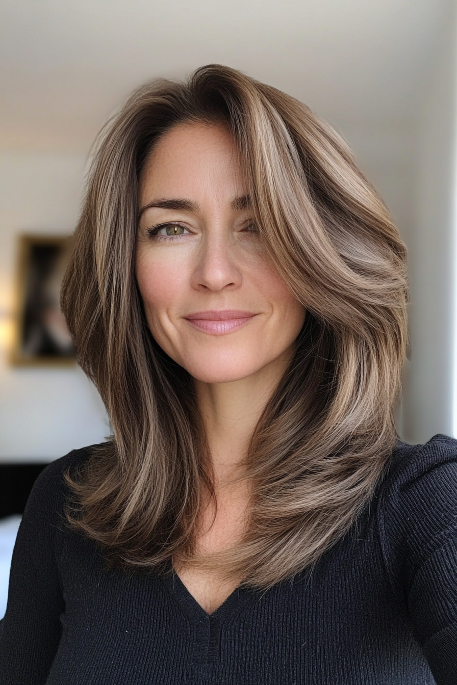 24. Layered Medium Cut with Warm Brown Highlights (Medium Length Hairstyles For Women Over 40) - Medium Length Hairstyles For Women Over 40