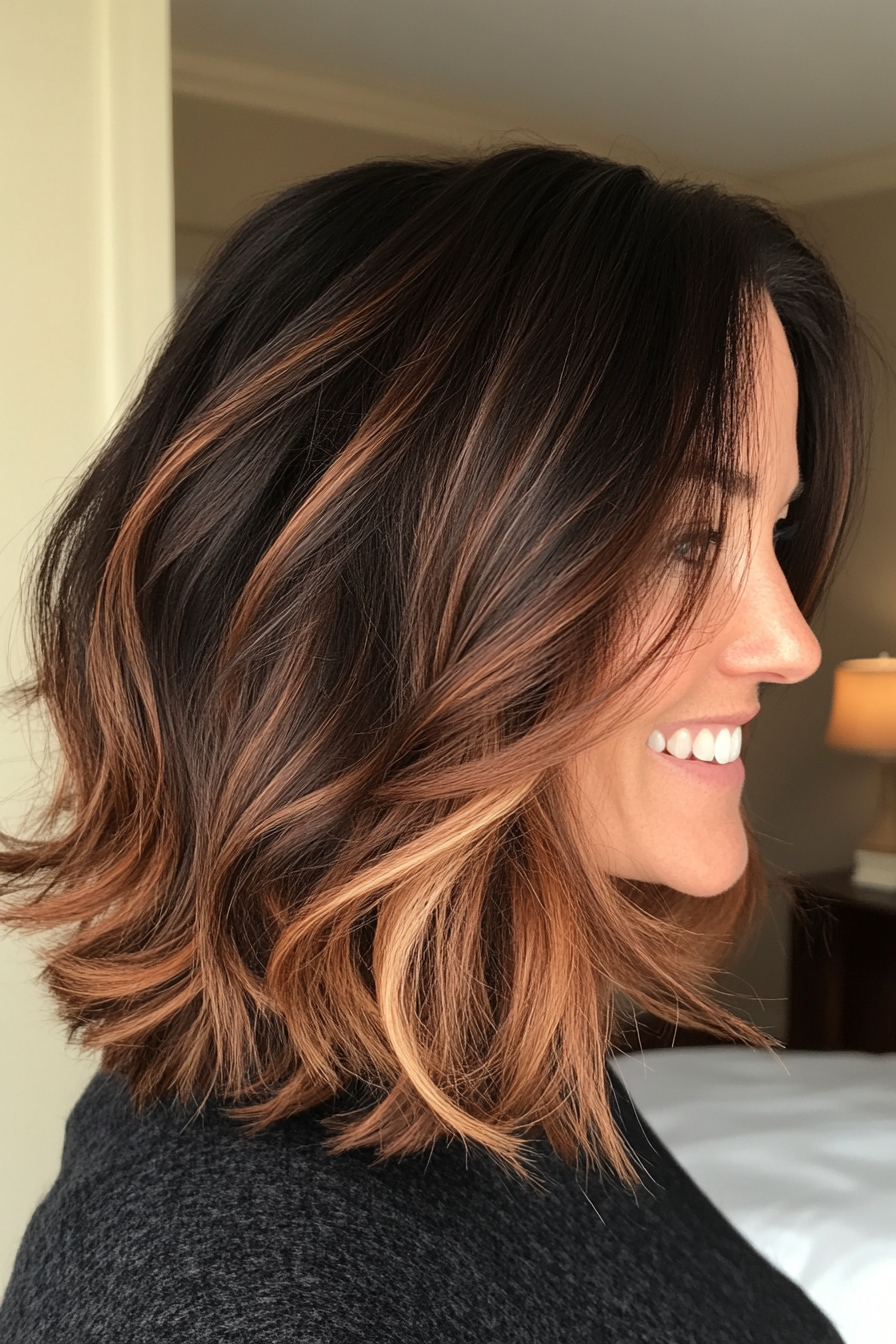 26. Choppy Lob with Dark Brown Base and Caramel Tips (Medium Length Hairstyles For Women Over 40) - Medium Length Hairstyles For Women Over 40