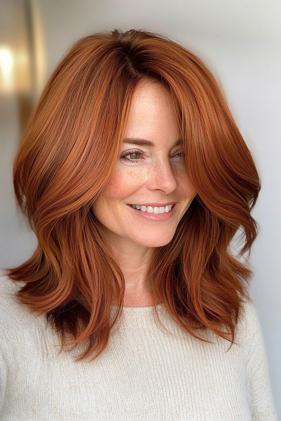 27. Soft Layers with Deep Auburn Highlights (Medium Length Hairstyles For Women Over 40) - Medium Length Hairstyles For Women Over 40