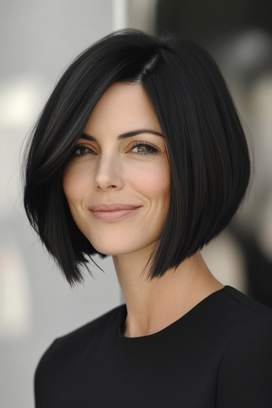22. Angled Bob in Ash Black (Bob Hairstyles For Women Over 40) - Bob Hairstyles For Women Over 40