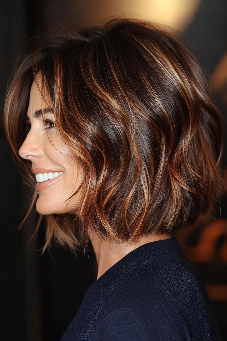 27. Textured Bob with Mahogany Highlights (Bob Hairstyles For Women Over 40) - Bob Hairstyles For Women Over 40