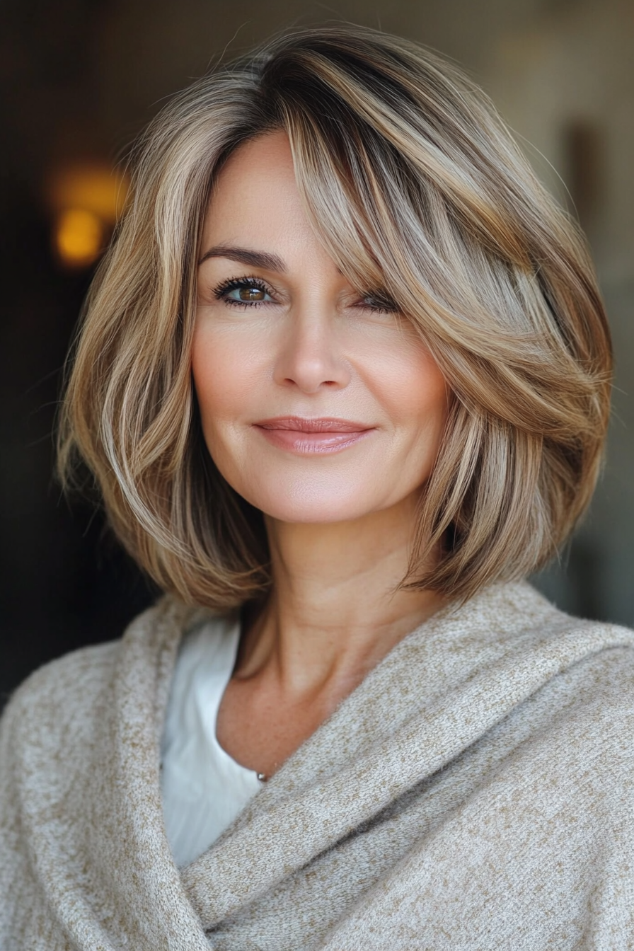 2. Textured Bob with Golden Highlights (Bob Hairstyles For Women Over 40) - Bob Hairstyles For Women Over 40