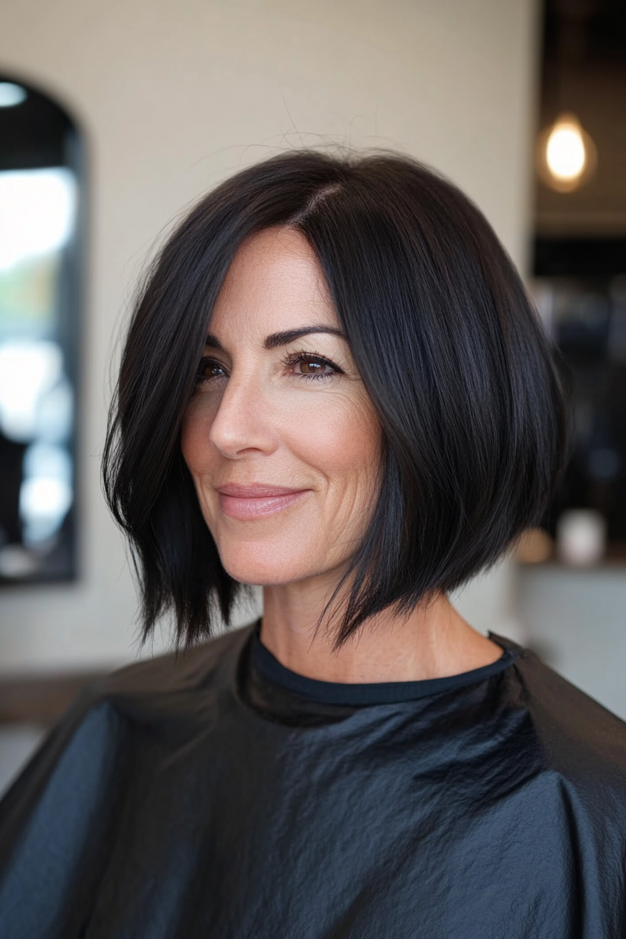 3. Layered Bob in Rich Black (Bob Hairstyles For Women Over 40) - Bob Hairstyles For Women Over 40