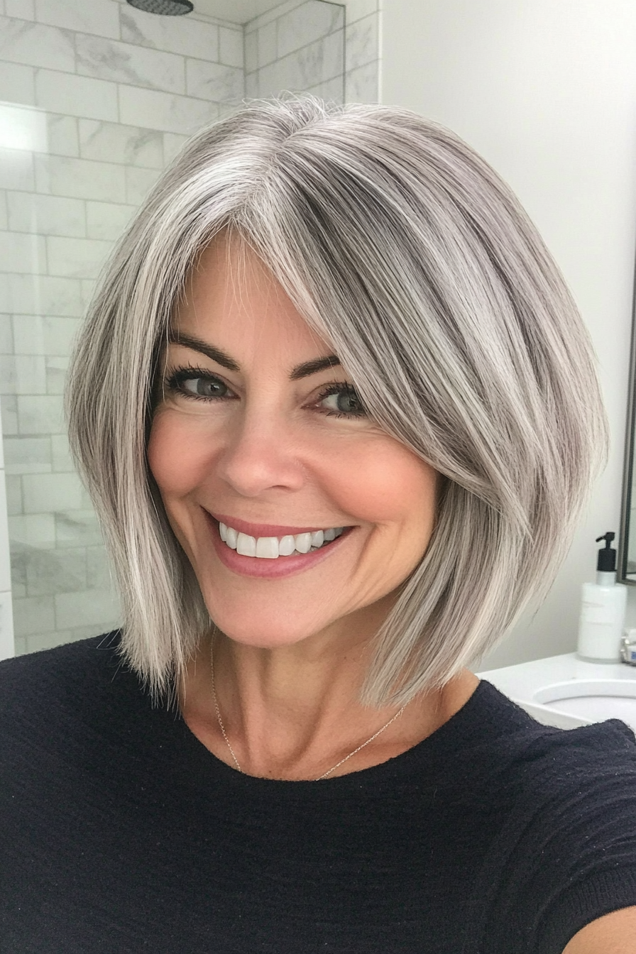 9. Side-Swept Bob in Natural Gray (Bob Hairstyles For Women Over 40) - Bob Hairstyles For Women Over 40