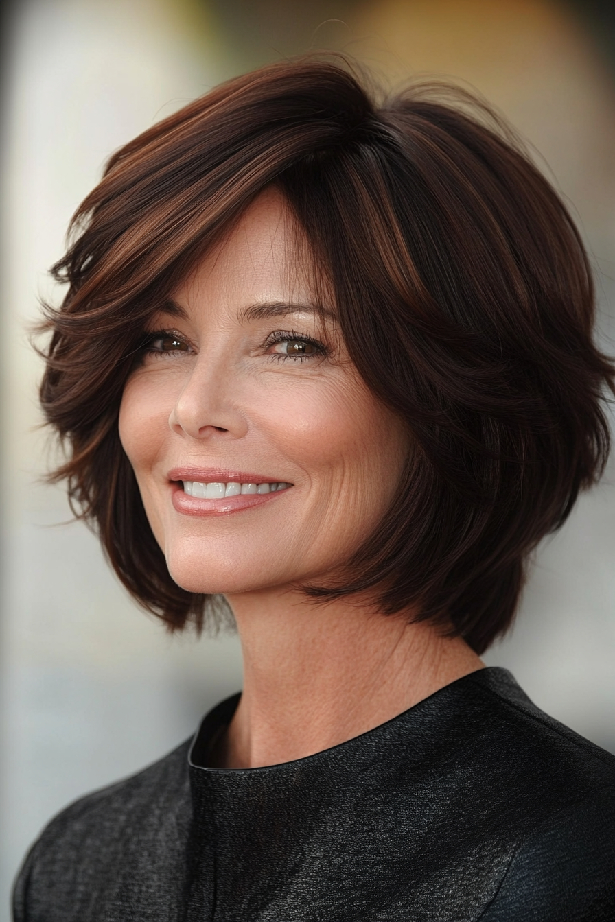 10. Feathered Bob in Dark Auburn (Bob Hairstyles For Women Over 40) - Bob Hairstyles For Women Over 40