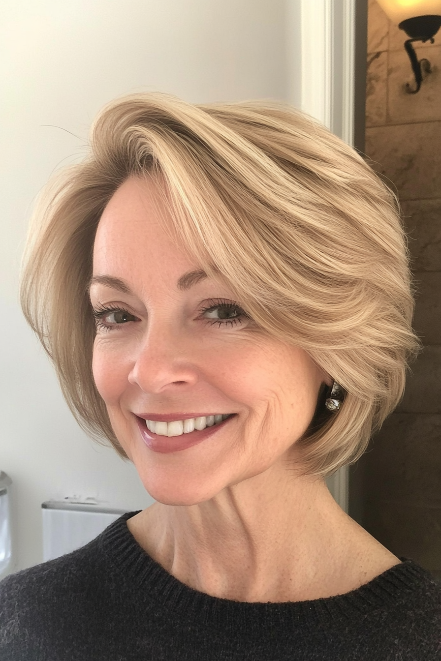 8. Honey Blonde Feathered Bob (Short Haircuts For Women Over 60) - Short Haircuts For Women Over 60