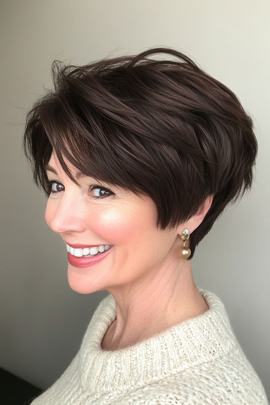 9. Dark Chocolate Layered Pixie (Short Haircuts For Women Over 60) - Short Haircuts For Women Over 60