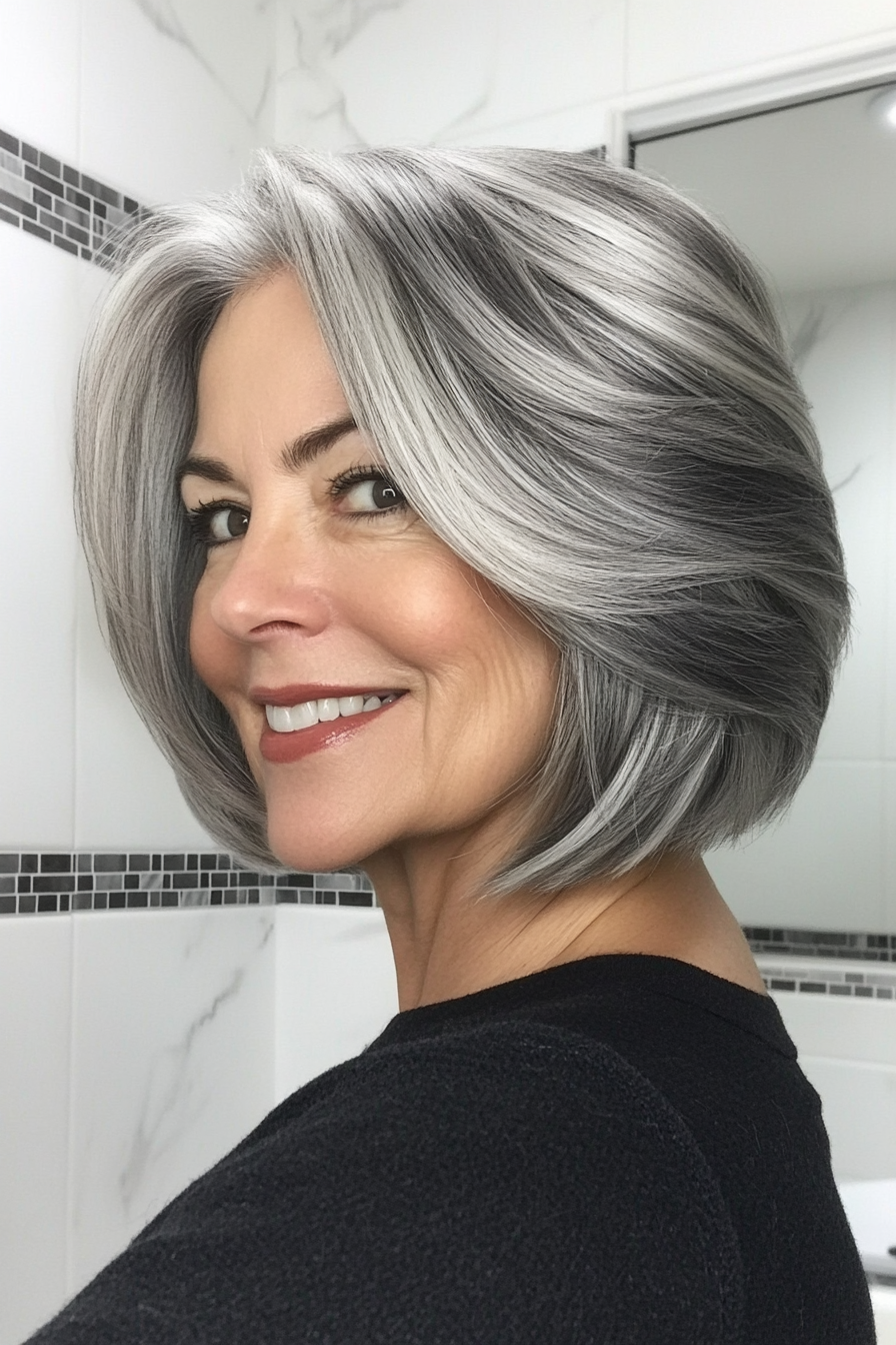 11. Silver and Charcoal Stacked Bob (Short Haircuts For Women Over 60) - Short Haircuts For Women Over 60