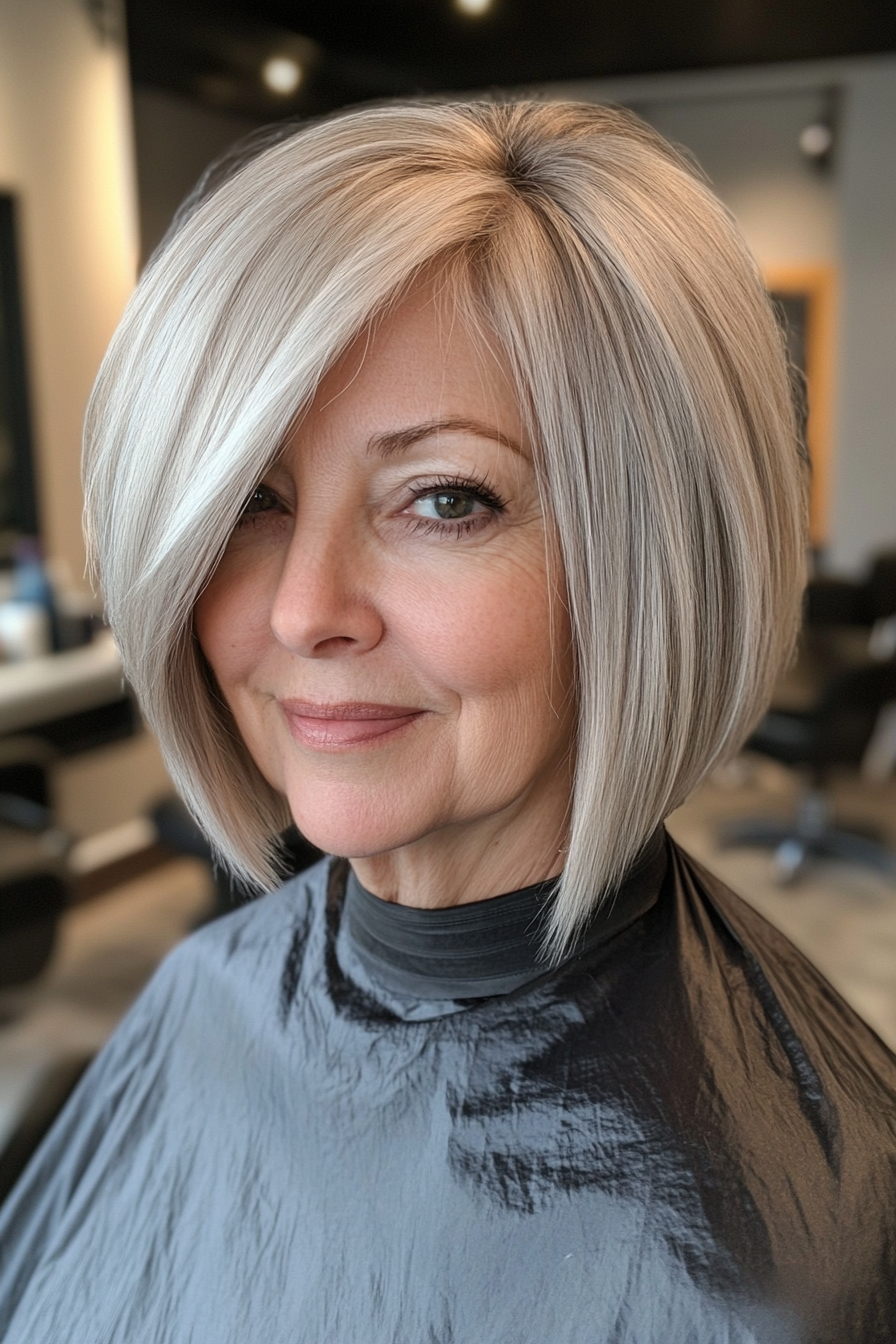 14. Steel Gray Asymmetrical Bob (Short Haircuts For Women Over 60) - Short Haircuts For Women Over 60