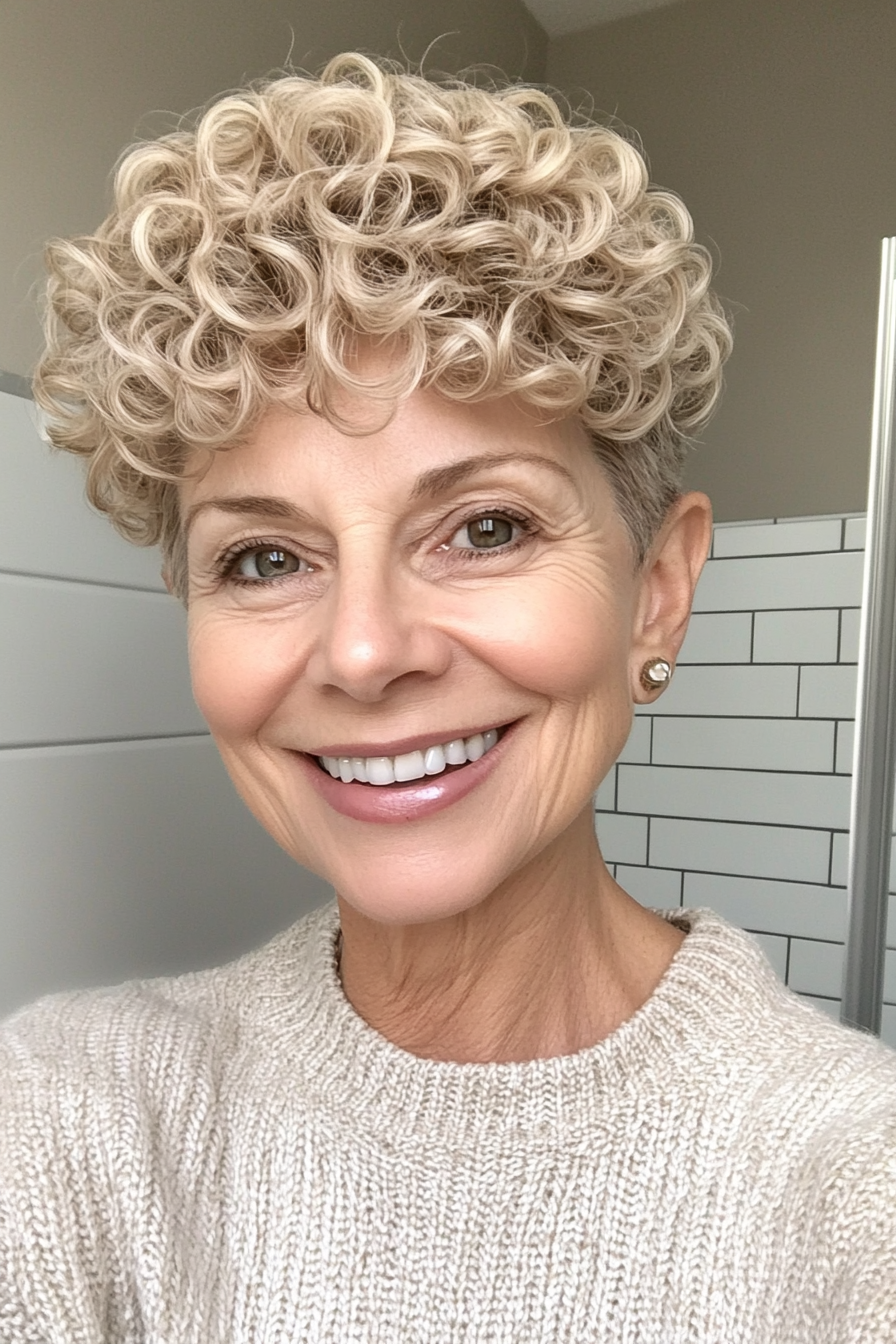 16. Creamy Beige Curly Pixie (Short Haircuts For Women Over 60) - Short Haircuts For Women Over 60