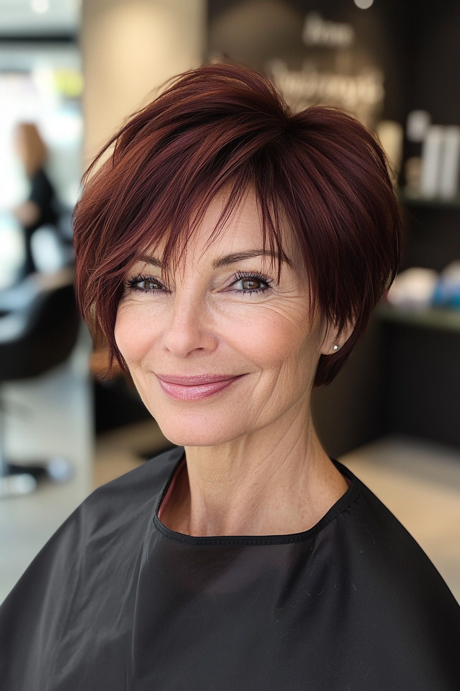 26. Rich Mahogany Layered Pixie (Short Haircuts For Women Over 60) - Short Haircuts For Women Over 60