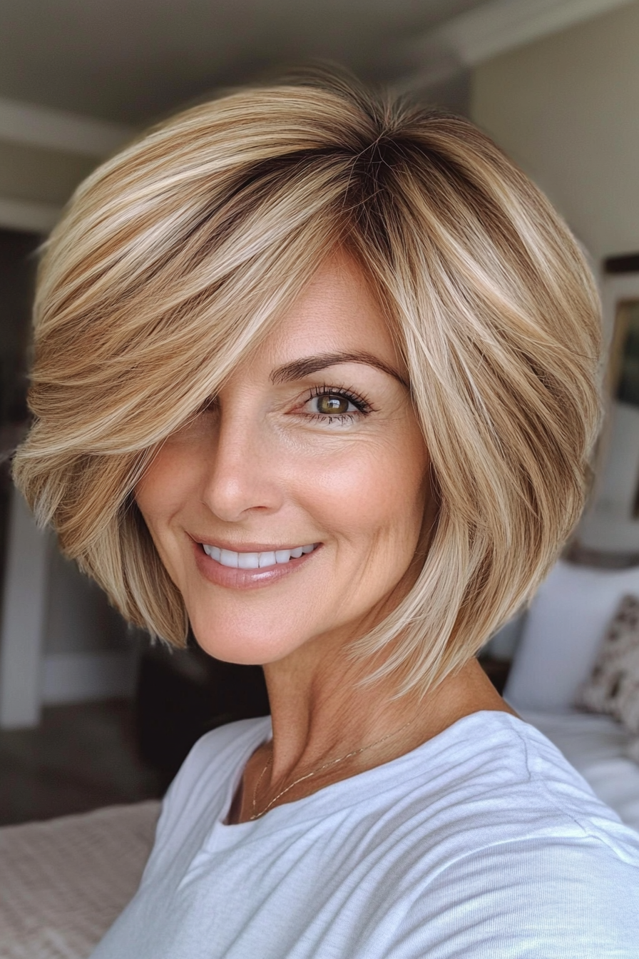 2. Textured Bob with Honey Blonde Highlights (Short Layered Bob Hairstyles For Older Women) - Short Layered Bob Hairstyles For Older Women
