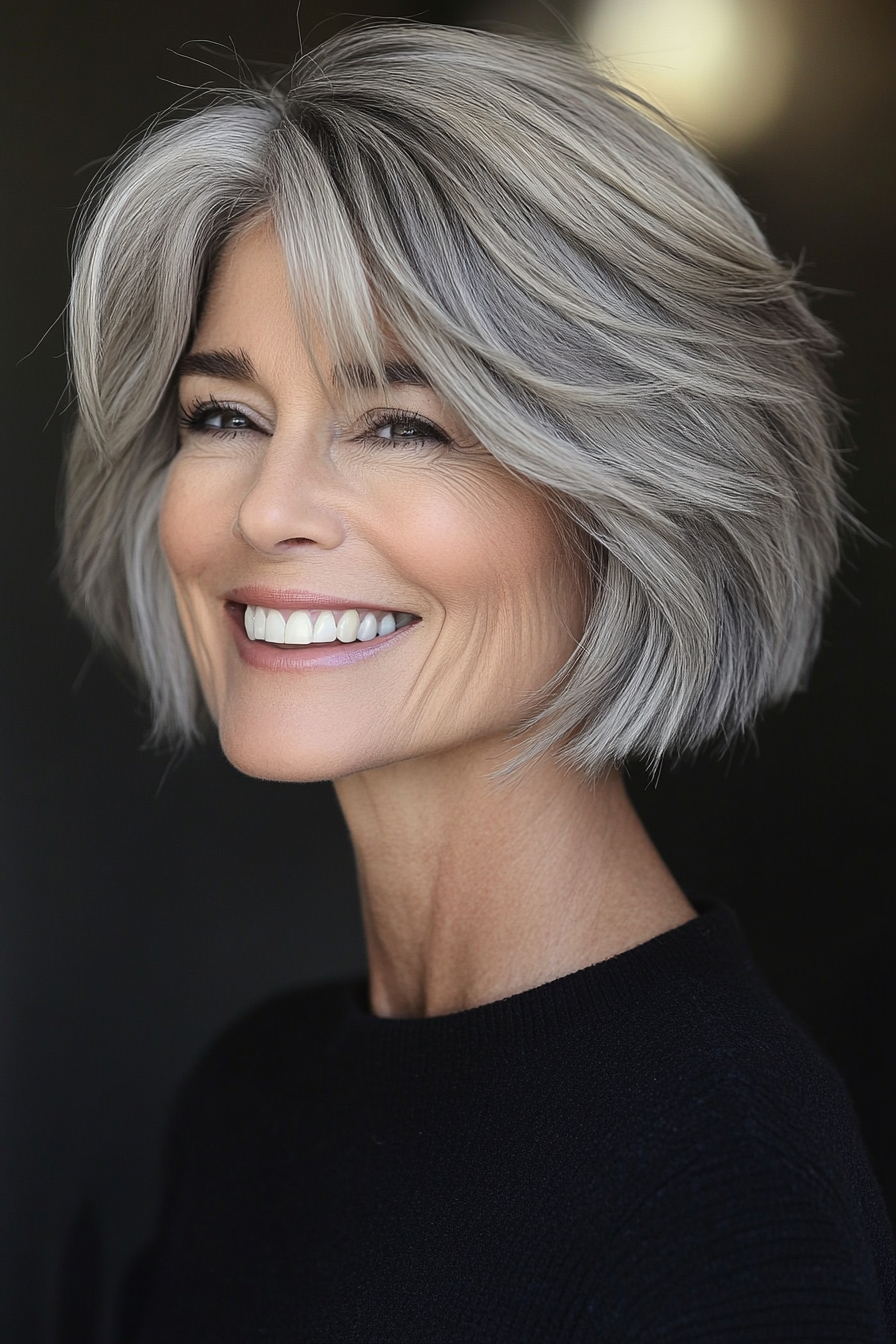 3. Angled Bob in Salt-and-Pepper (Short Layered Bob Hairstyles For Older Women) - Short Layered Bob Hairstyles For Older Women