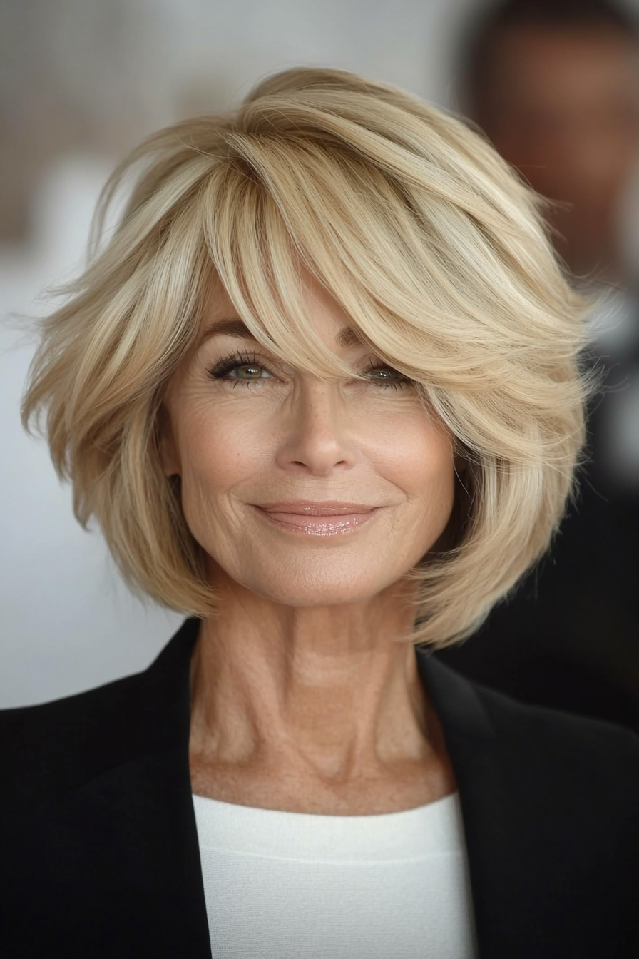 5. Feathered Bob in Sandy Blonde (Short Layered Bob Hairstyles For Older Women) - Short Layered Bob Hairstyles For Older Women