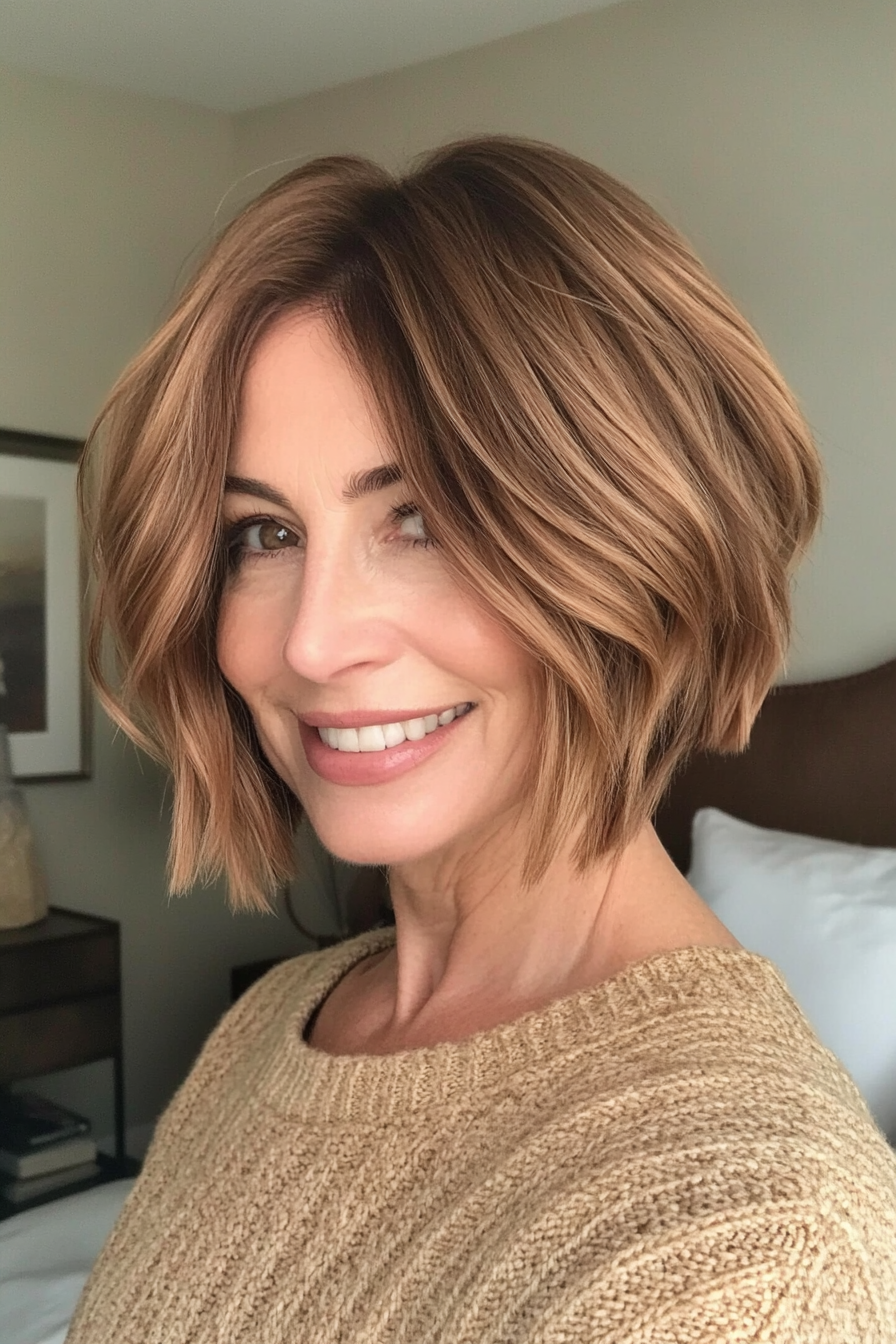 6. Choppy Bob in Soft Caramel (Short Layered Bob Hairstyles For Older Women) - Short Layered Bob Hairstyles For Older Women