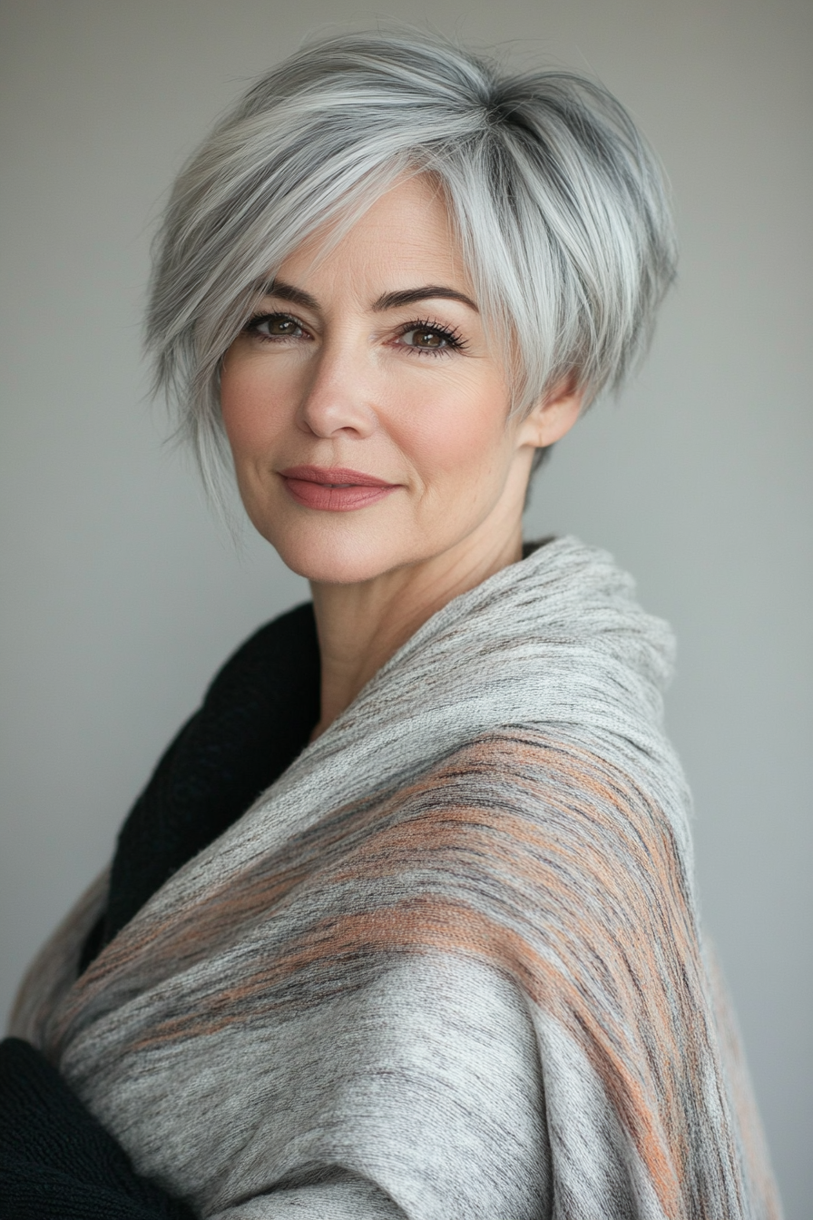 8. Pixie Bob in Natural Gray (Short Layered Bob Hairstyles For Older Women) - Short Layered Bob Hairstyles For Older Women