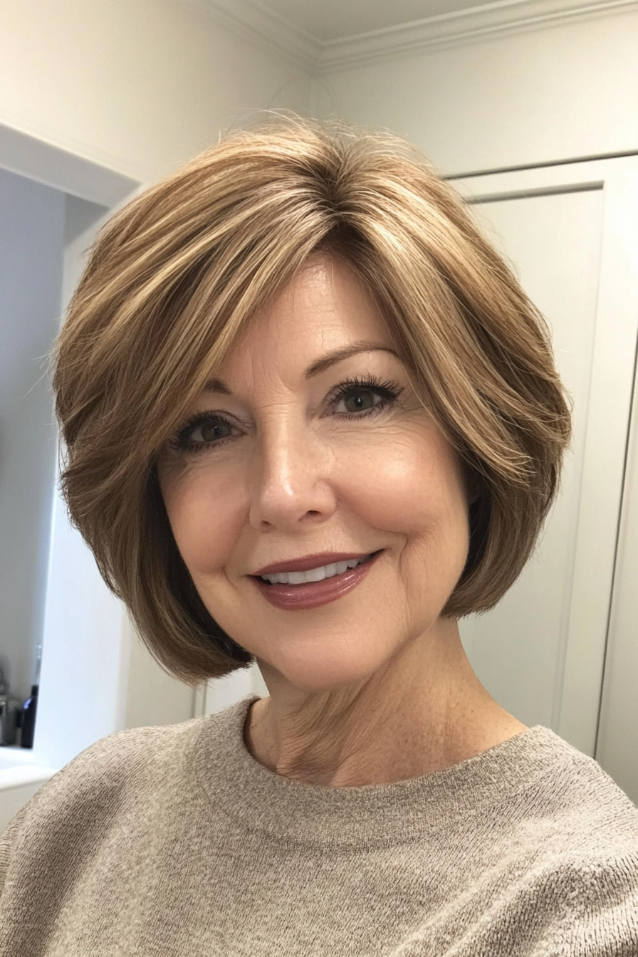 11. Rounded Bob in Light Honey Brown (Short Layered Bob Hairstyles For Older Women) - Short Layered Bob Hairstyles For Older Women