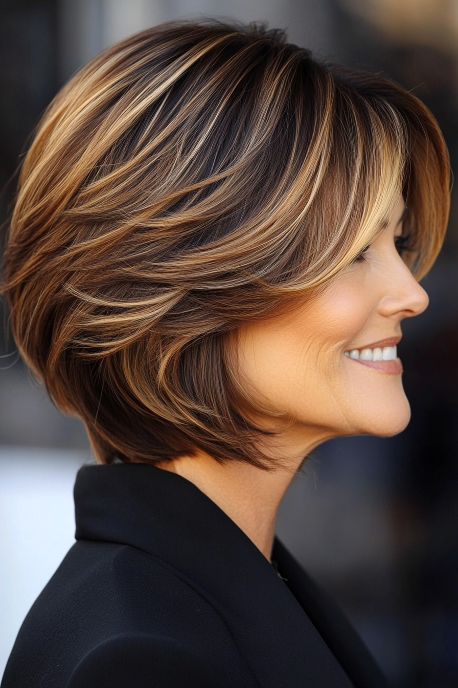 13. Layered Bob with Face-Framing Highlights (Short Layered Bob Hairstyles For Older Women) - Short Layered Bob Hairstyles For Older Women
