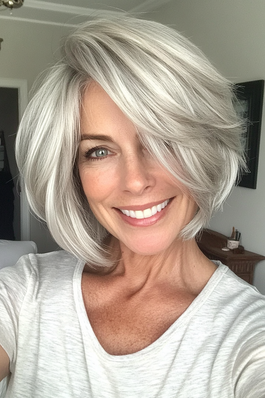 14. Tousled Bob in Silver Blonde (Short Layered Bob Hairstyles For Older Women) - Short Layered Bob Hairstyles For Older Women