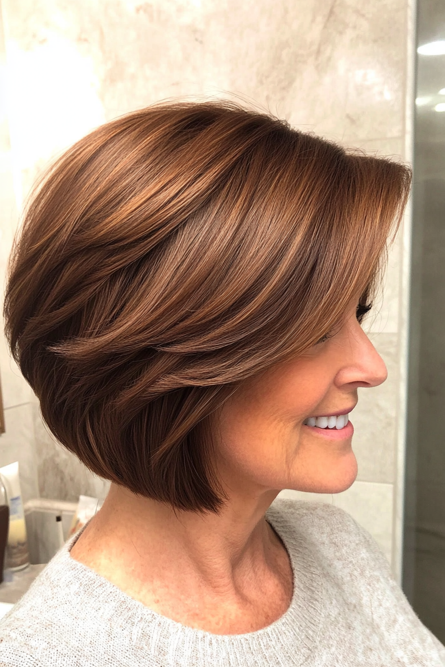 15. Stacked Bob in Chestnut Brown (Short Layered Bob Hairstyles For Older Women) - Short Layered Bob Hairstyles For Older Women