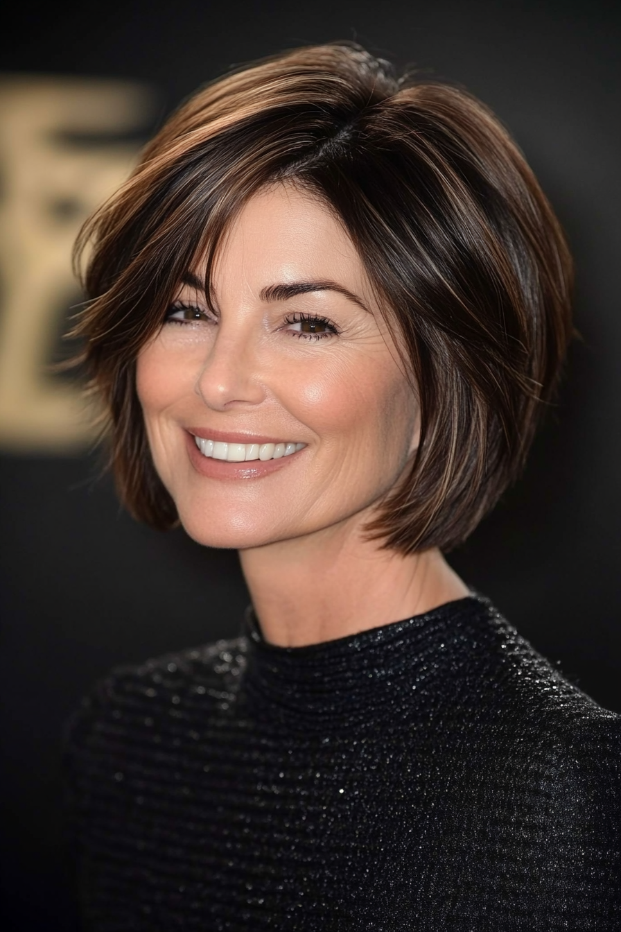 16. Soft Layered Bob in Dark Mahogany (Short Layered Bob Hairstyles For Older Women) - Short Layered Bob Hairstyles For Older Women
