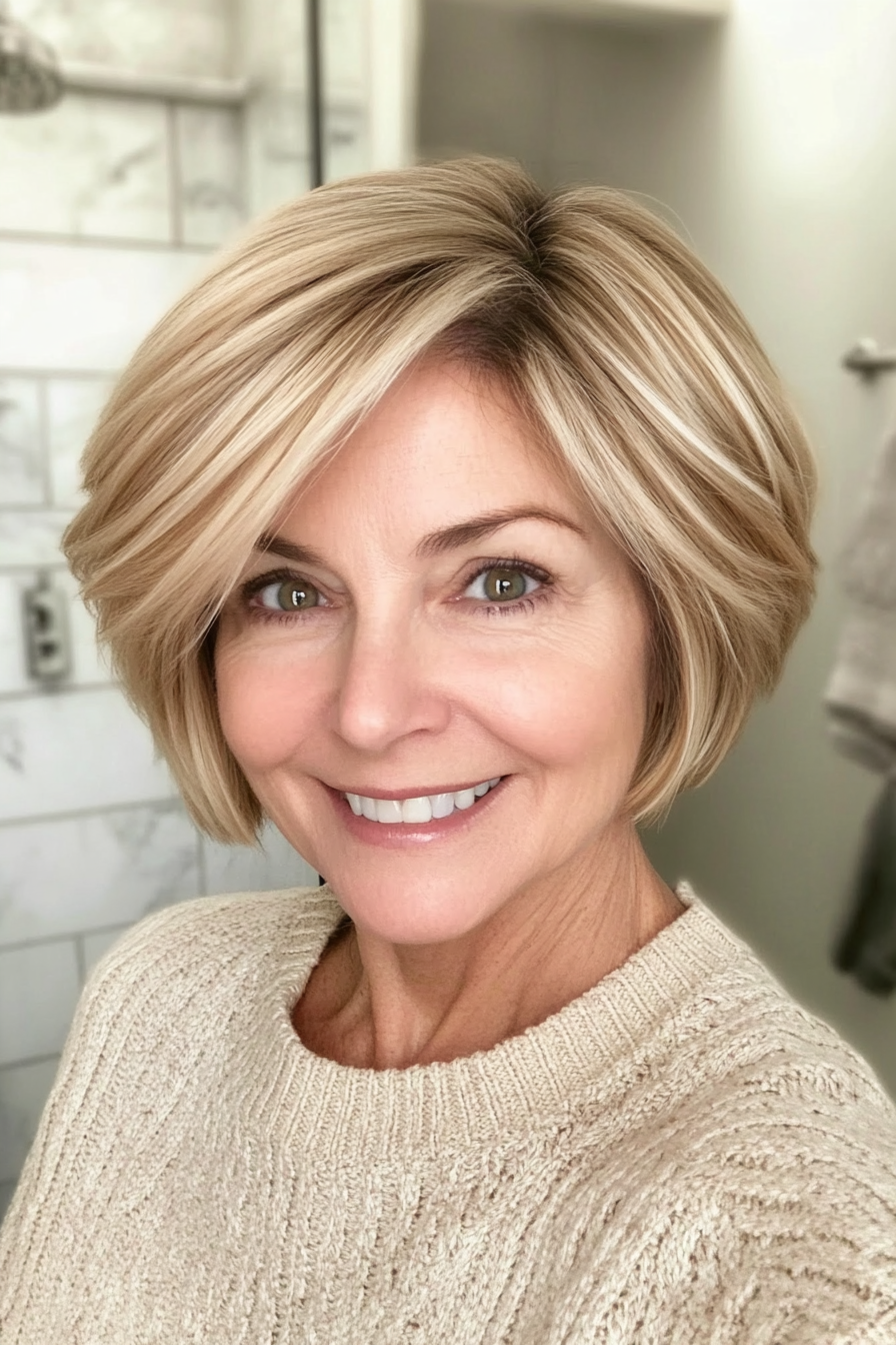 17. Flipped-Out Bob in Warm Honey Blonde (Short Layered Bob Hairstyles For Older Women) - Short Layered Bob Hairstyles For Older Women