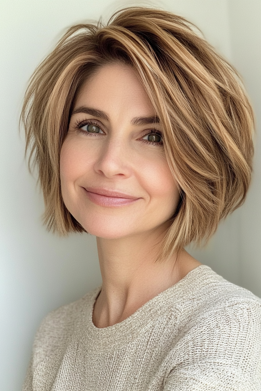 18. Short Bob in Golden Brown (Short Layered Bob Hairstyles For Older Women) - Short Layered Bob Hairstyles For Older Women