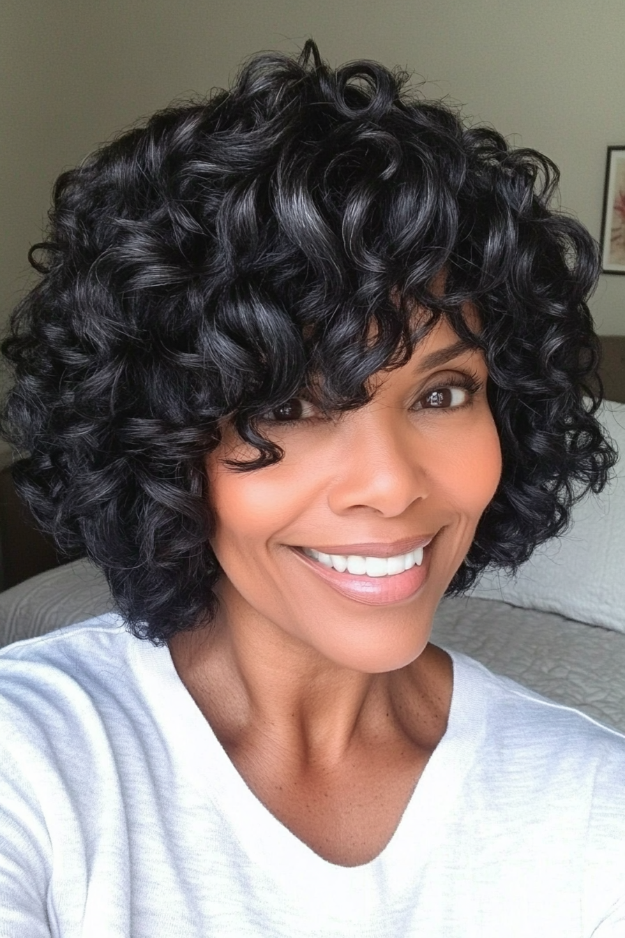 19. Layered Curly Bob in Natural Black (Short Layered Bob Hairstyles For Older Women) - Short Layered Bob Hairstyles For Older Women