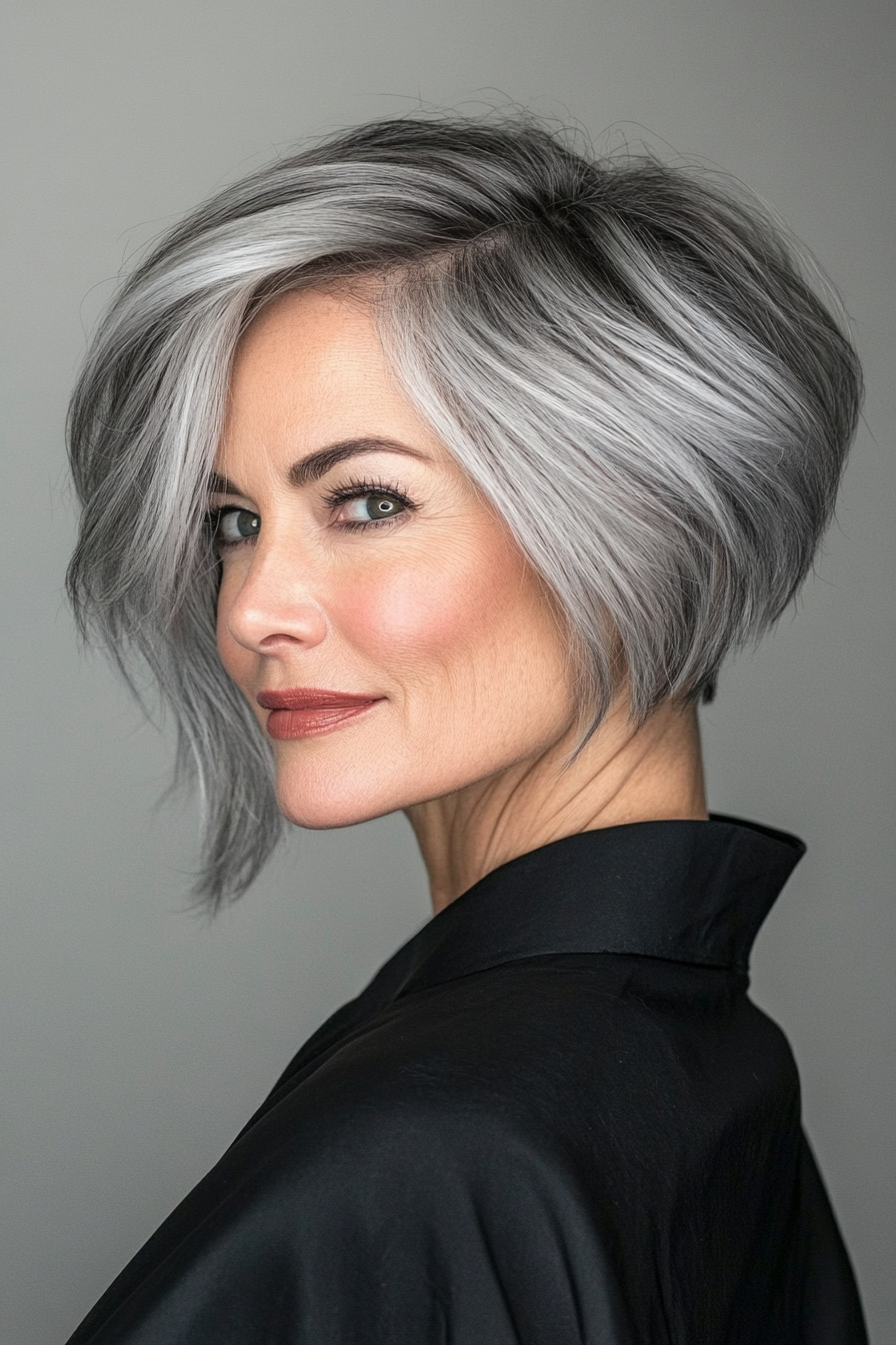 20. Asymmetrical Bob in Steel Gray (Short Layered Bob Hairstyles For Older Women) - Short Layered Bob Hairstyles For Older Women