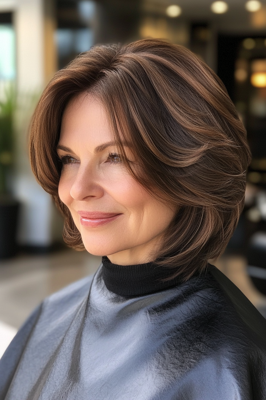 21. Voluminous Bob in Dark Ash Brown (Short Layered Bob Hairstyles For Older Women) - Short Layered Bob Hairstyles For Older Women