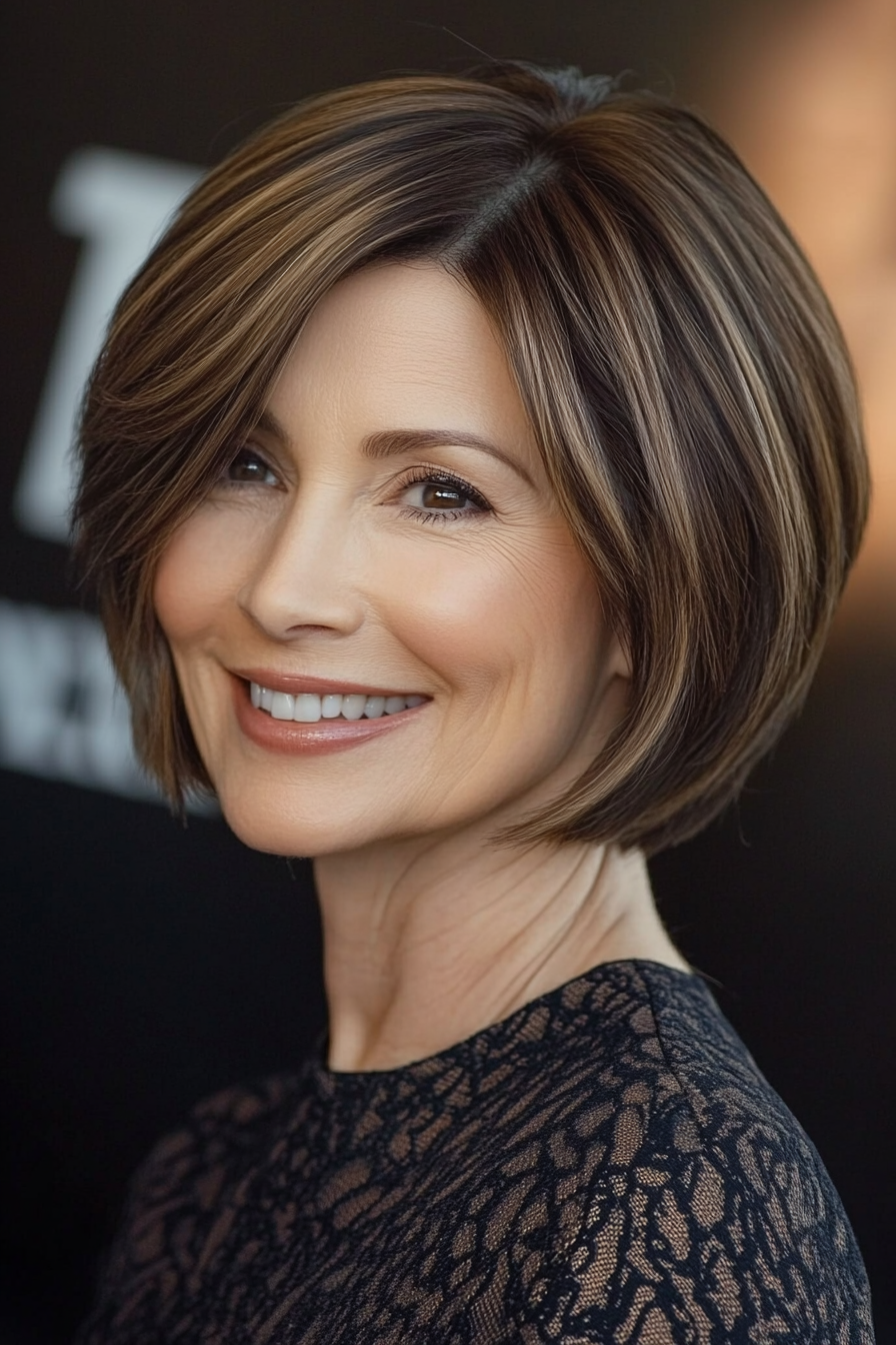 22. Chin-Length Bob in Warm Mocha (Short Layered Bob Hairstyles For Older Women) - Short Layered Bob Hairstyles For Older Women