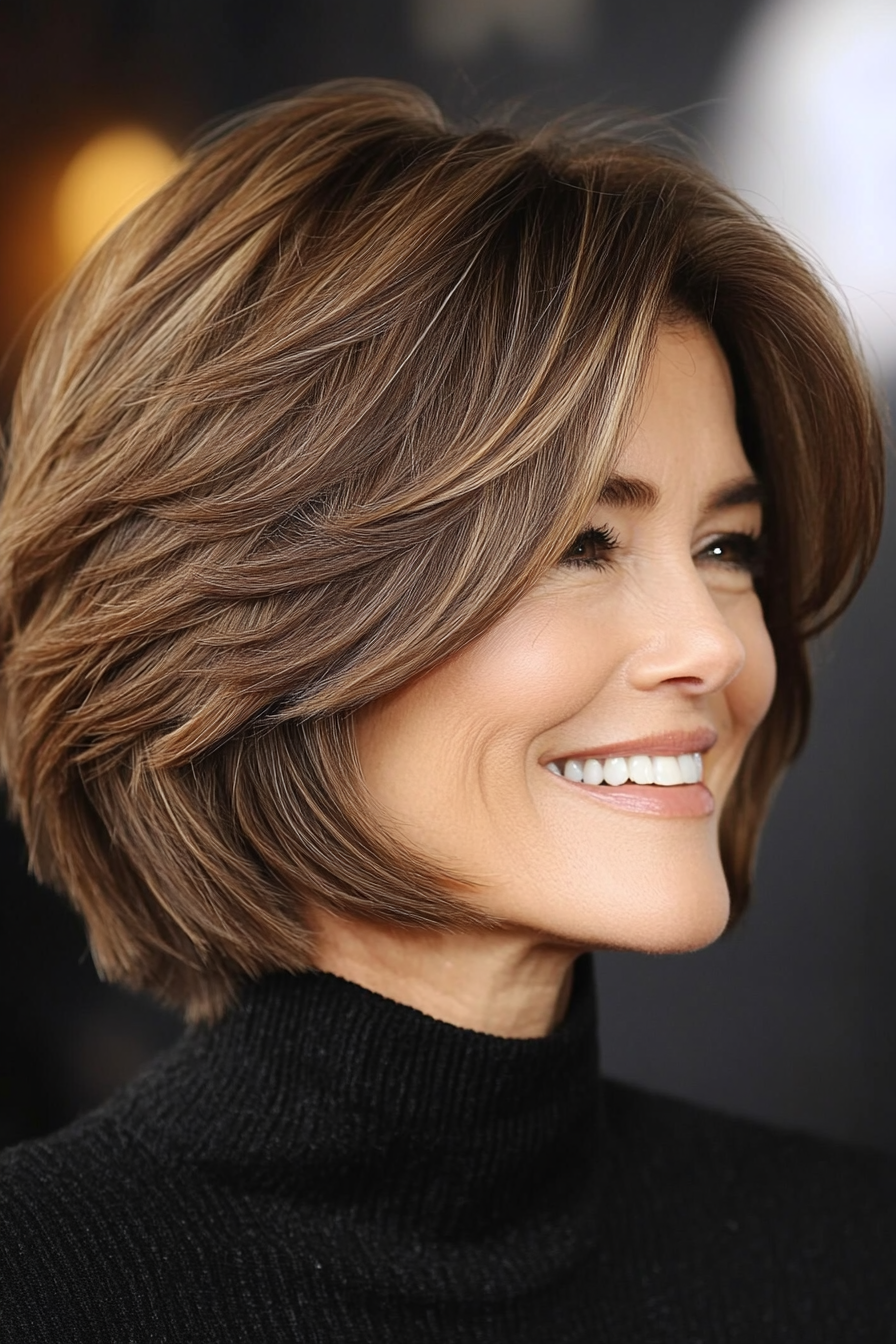 24. Longer Layered Bob in Rich Coffee Brown (Short Layered Bob Hairstyles For Older Women) - Short Layered Bob Hairstyles For Older Women