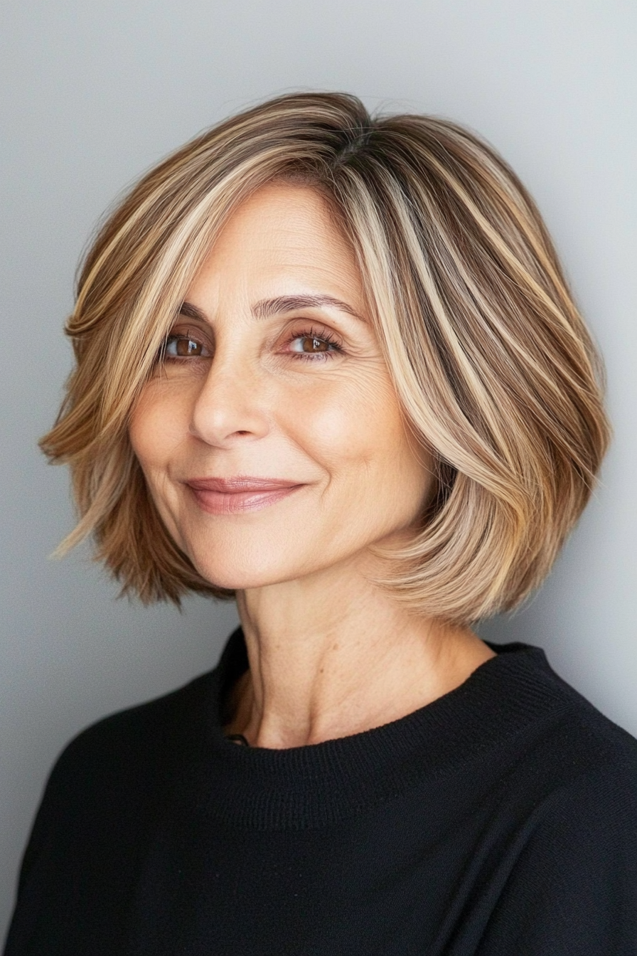 27. Rounded Bob with Blended Highlights (Short Layered Bob Hairstyles For Older Women) - Short Layered Bob Hairstyles For Older Women