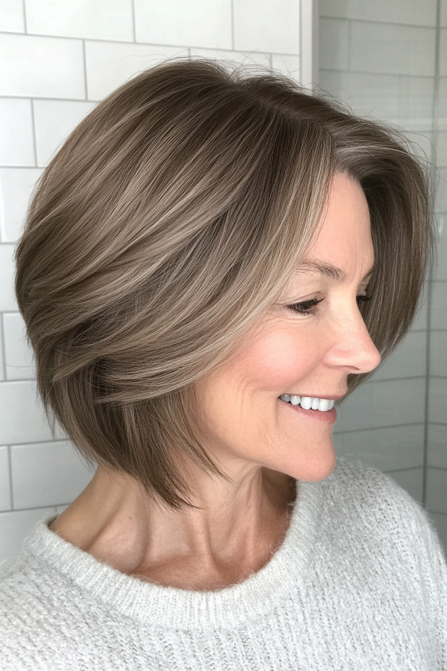 1. Soft Feathered Bob in Ash Brown (Hairstyles For Older Women With Fine Hair) - Hairstyles For Older Women With Fine Hair