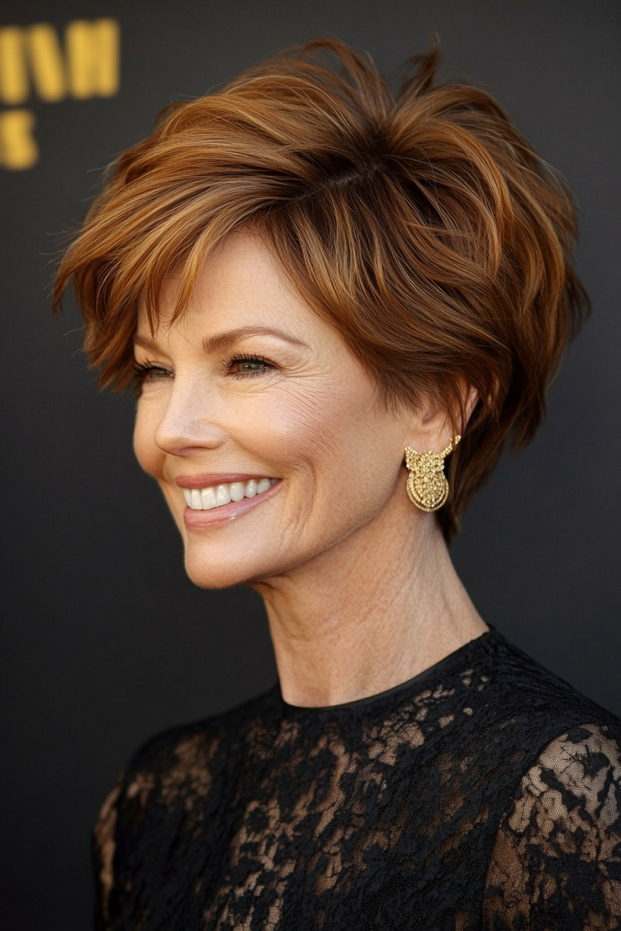 2. Layered Pixie in Warm Chestnut (Hairstyles For Older Women With Fine Hair) - Hairstyles For Older Women With Fine Hair