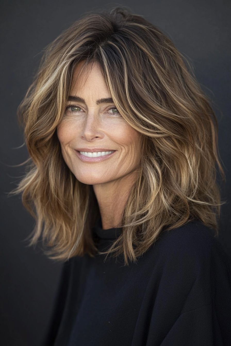 5. Shaggy Lob in Caramel Highlights (Hairstyles For Older Women With Fine Hair) - Hairstyles For Older Women With Fine Hair