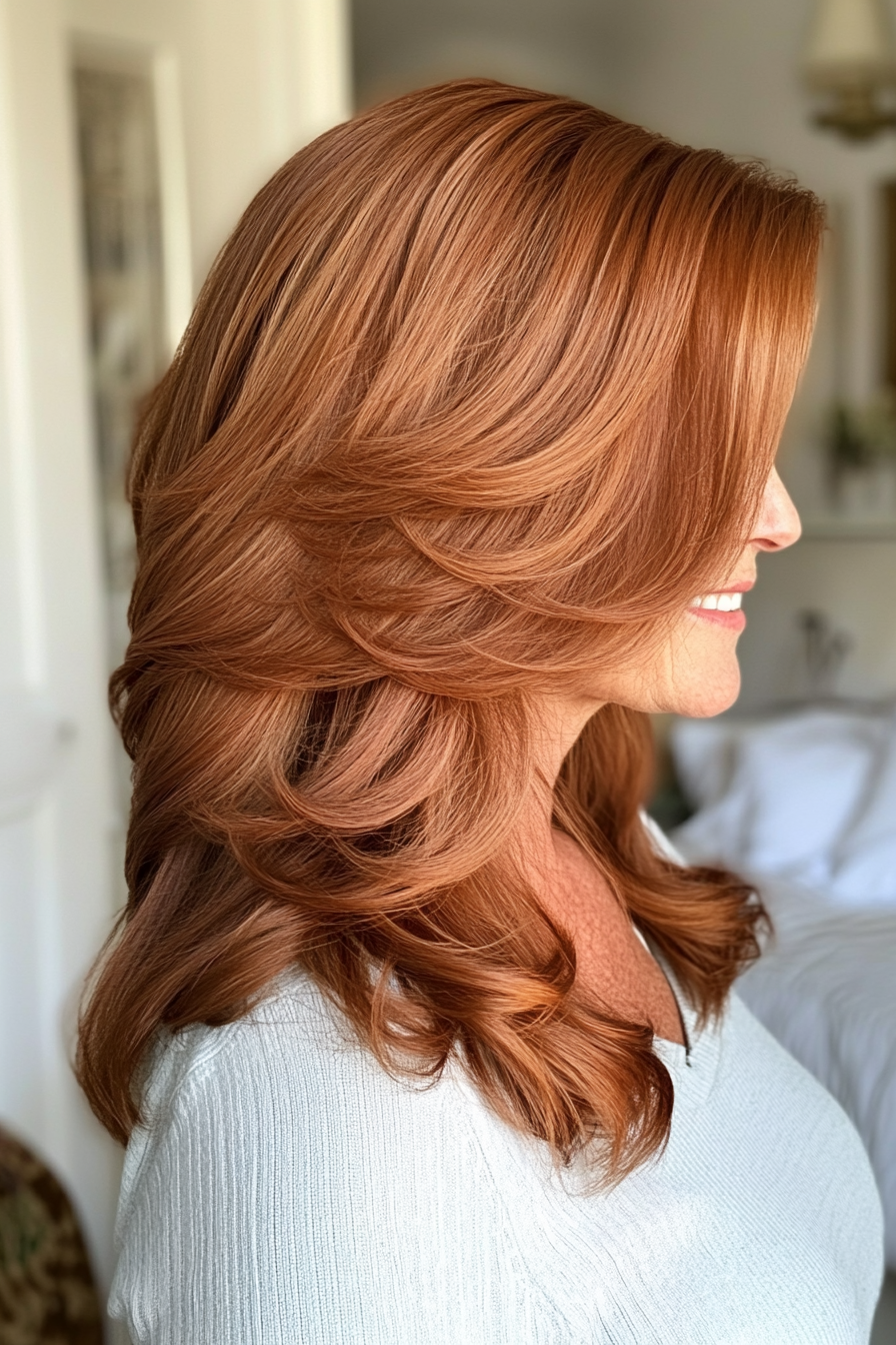 14. Soft Layered Waves in Rich Mahogany (Hairstyles For Older Women With Fine Hair) - Hairstyles For Older Women With Fine Hair