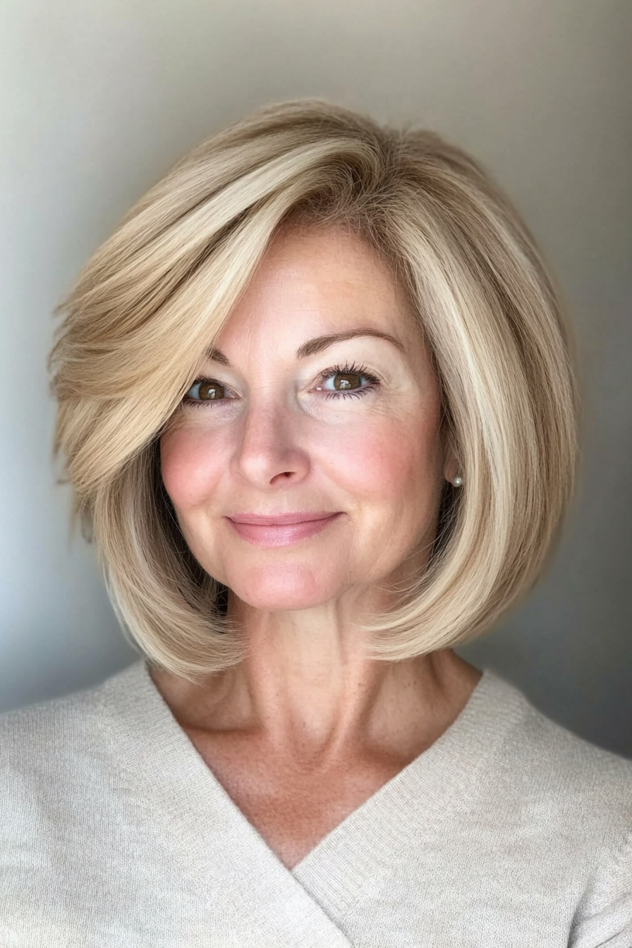 15. Stacked Bob in Soft Beige Blonde (Hairstyles For Older Women With Fine Hair) - Hairstyles For Older Women With Fine Hair