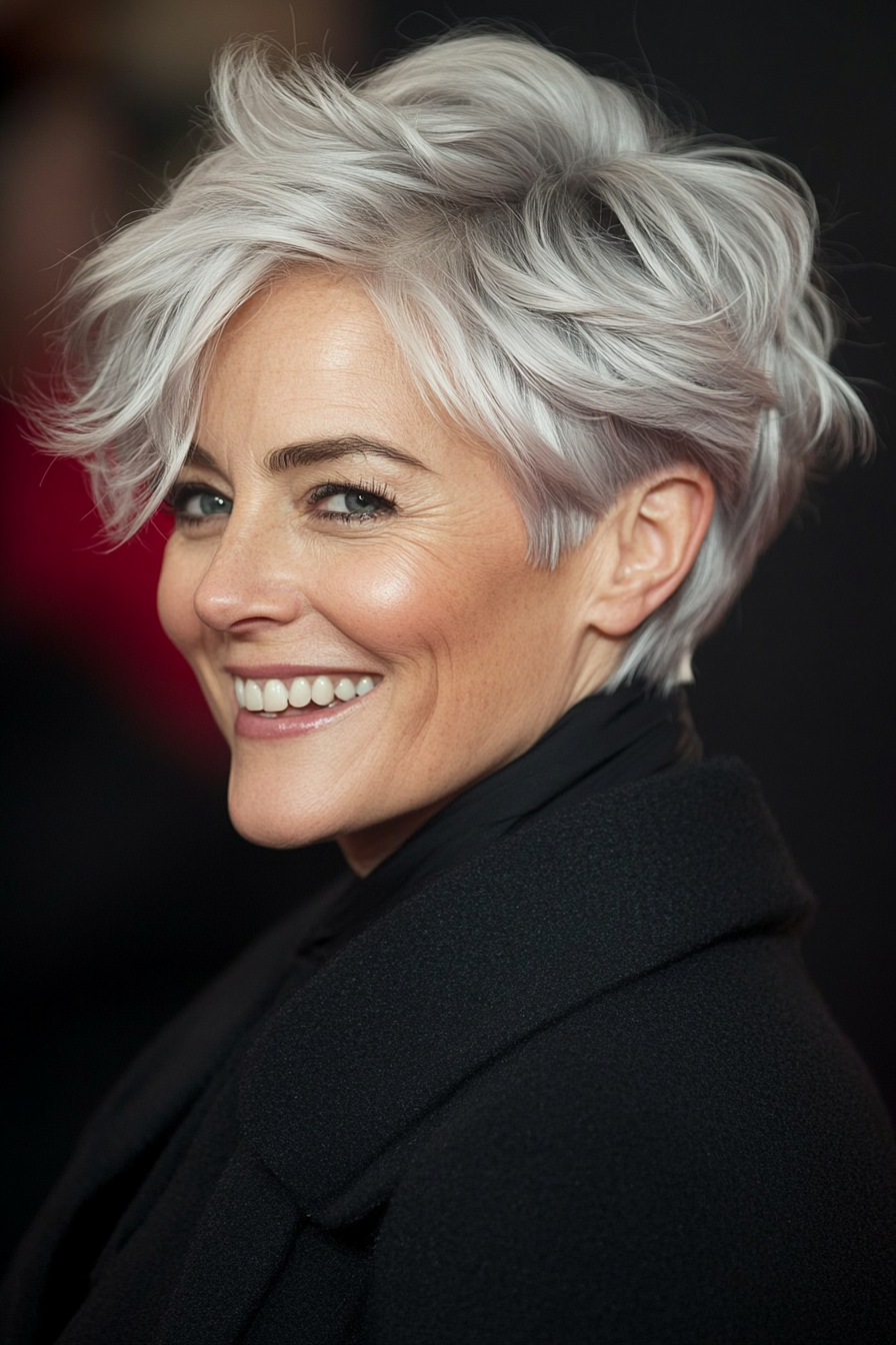 16. Short Tousled Pixie in Platinum (Hairstyles For Older Women With Fine Hair) - Hairstyles For Older Women With Fine Hair