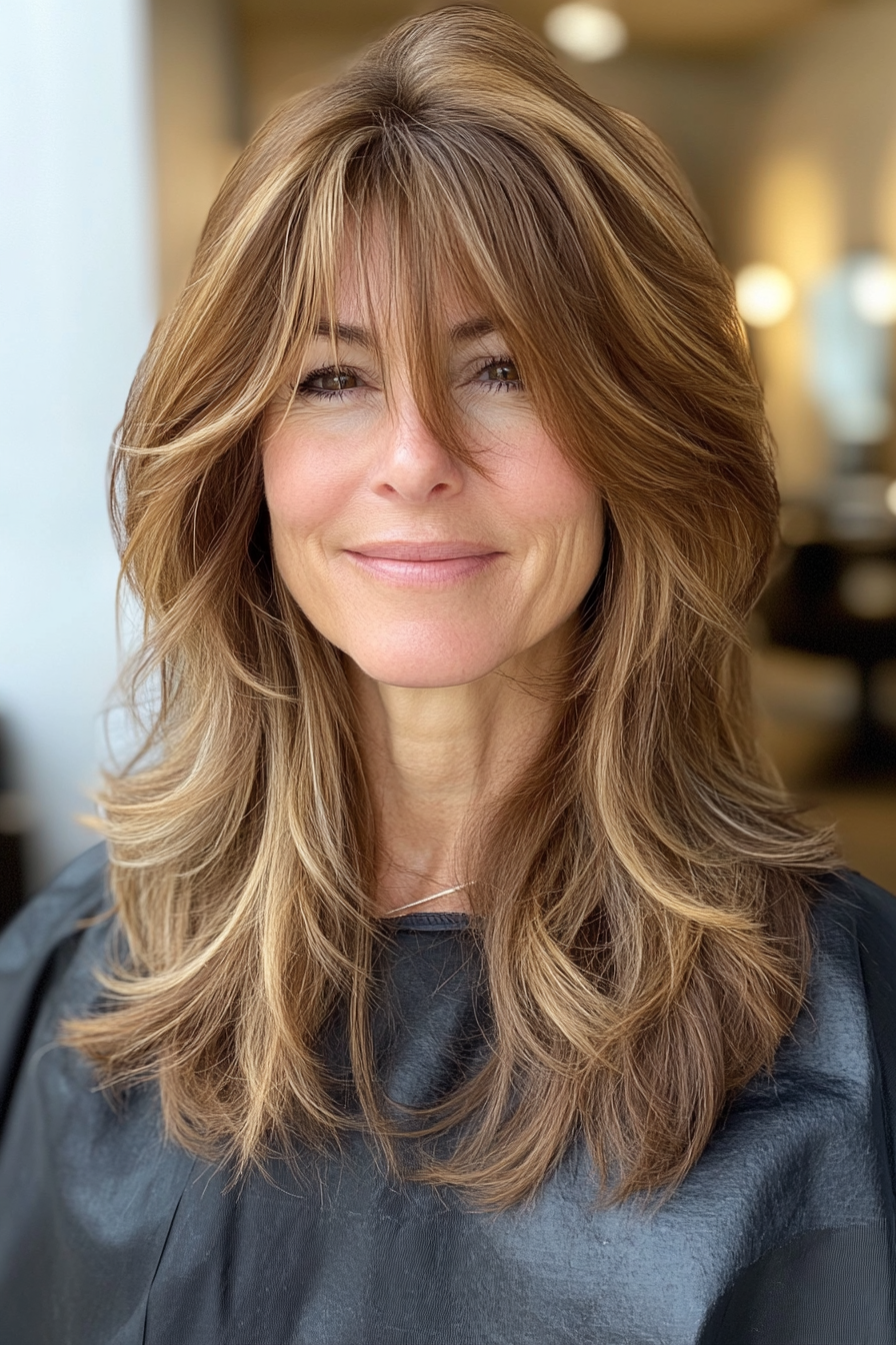 17. Curtain Bangs with Subtle Layers in Honey Brown (Hairstyles For Older Women With Fine Hair) - Hairstyles For Older Women With Fine Hair