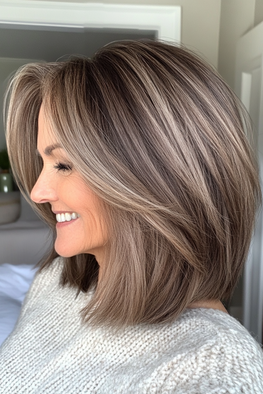 21. Layered Lob in Neutral Brunette (Hairstyles For Older Women With Fine Hair) - Hairstyles For Older Women With Fine Hair