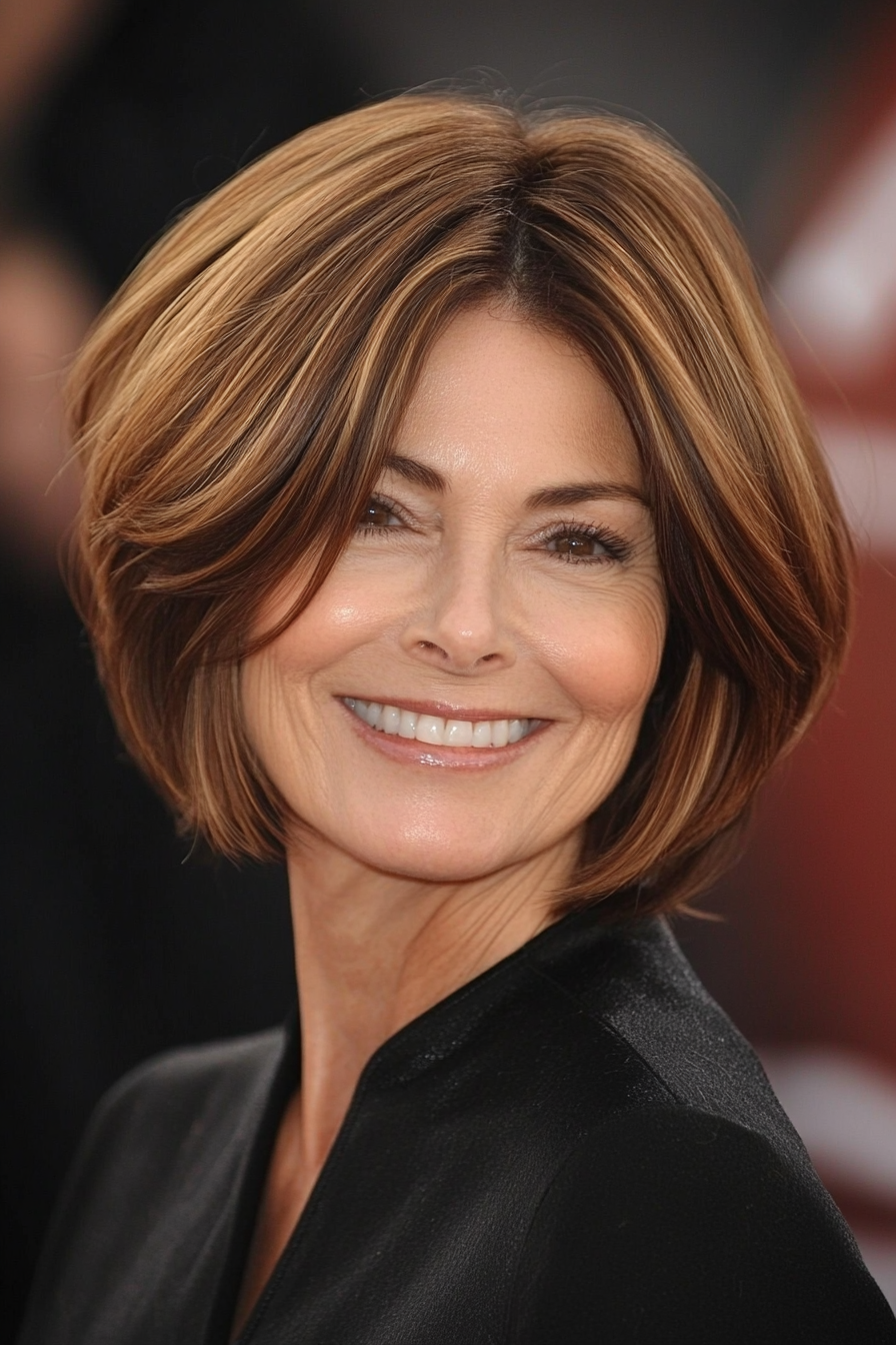 22. Rounded Bob in Chestnut Highlights (Hairstyles For Older Women With Fine Hair) - Hairstyles For Older Women With Fine Hair
