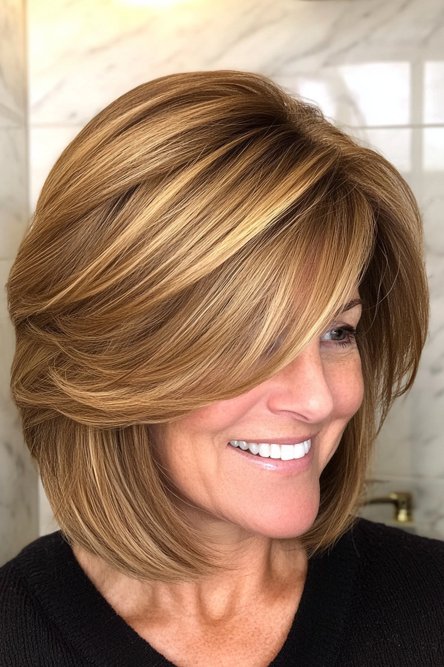 25. Side-Swept Bangs in Golden Brown (Hairstyles For Older Women With Fine Hair) - Hairstyles For Older Women With Fine Hair