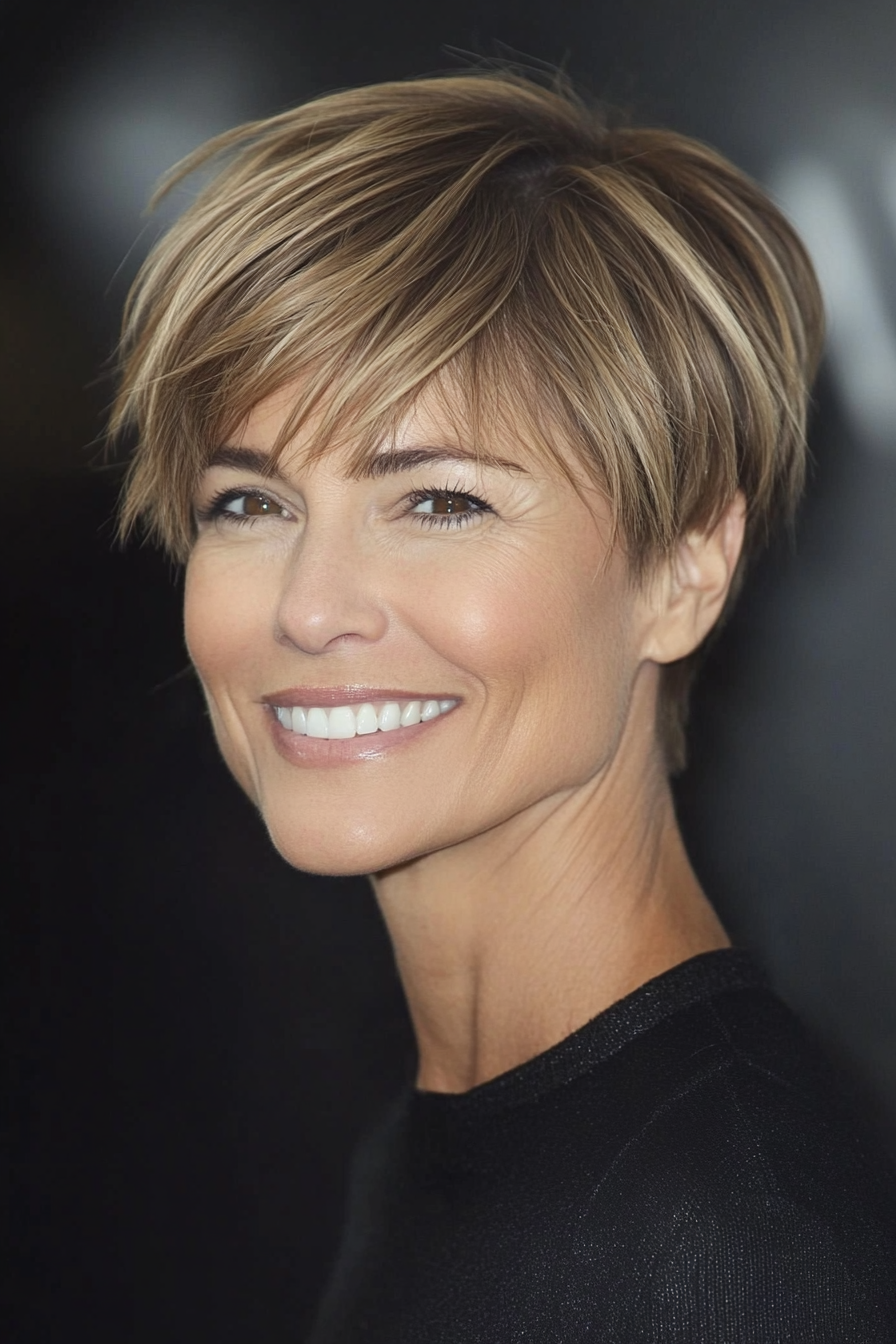 27. Pixie with Long Side Bangs in Warm Taupe (Hairstyles For Older Women With Fine Hair) - Hairstyles For Older Women With Fine Hair